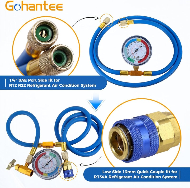 gohantee مجموعة خرطوم شحن R134a مع مقياس، بطول 51 بوصة، مجموعة قياس شحن غاز التبريد لتكييف الهواء، صمام ثقب علبة R-134a ذاتي الإغلاق لموزع غاز التبريد إلى منفذ R-12/R-22، يشمل موصل سريع للجانب المنخفض R134a - Image 5