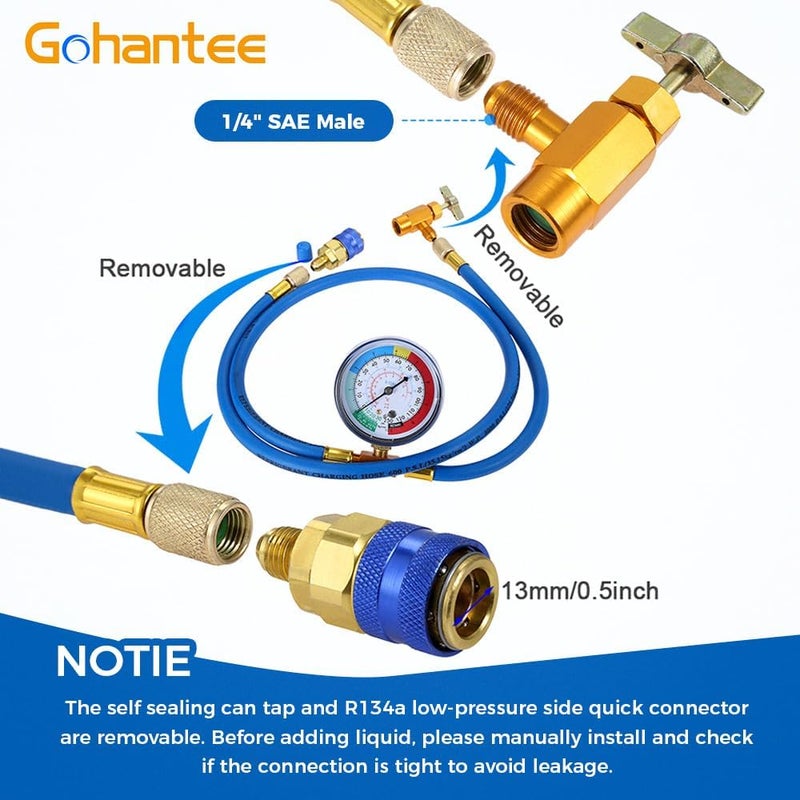 gohantee مجموعة خرطوم شحن R134a مع مقياس، بطول 51 بوصة، مجموعة قياس شحن غاز التبريد لتكييف الهواء، صمام ثقب علبة R-134a ذاتي الإغلاق لموزع غاز التبريد إلى منفذ R-12/R-22، يشمل موصل سريع للجانب المنخفض R134a - Image 4