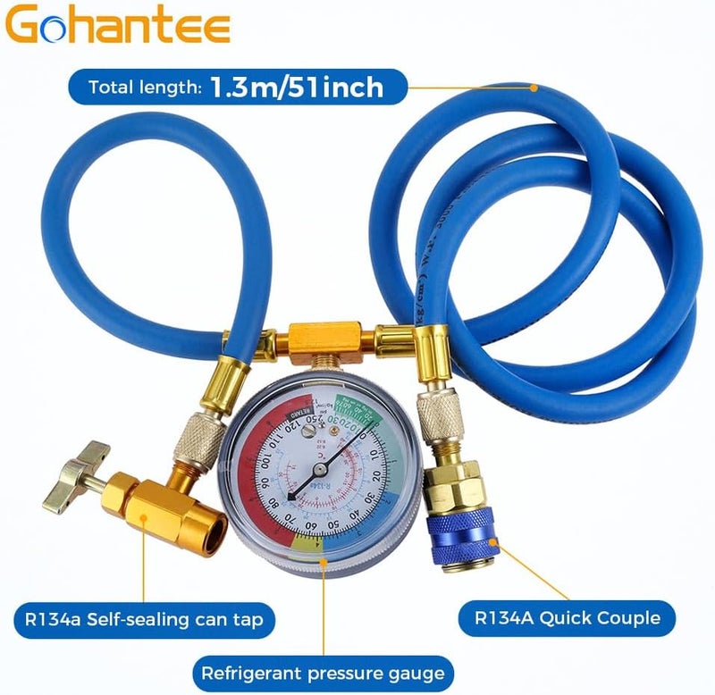 gohantee مجموعة خرطوم شحن R134a مع مقياس، بطول 51 بوصة، مجموعة قياس شحن غاز التبريد لتكييف الهواء، صمام ثقب علبة R-134a ذاتي الإغلاق لموزع غاز التبريد إلى منفذ R-12/R-22، يشمل موصل سريع للجانب المنخفض R134a - Image 2