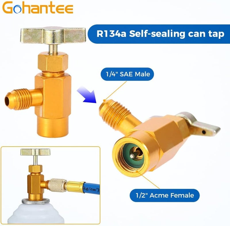 gohantee مجموعة خرطوم شحن R134a مع مقياس، بطول 51 بوصة، مجموعة قياس شحن غاز التبريد لتكييف الهواء، صمام ثقب علبة R-134a ذاتي الإغلاق لموزع غاز التبريد إلى منفذ R-12/R-22، يشمل موصل سريع للجانب المنخفض R134a - Image 3