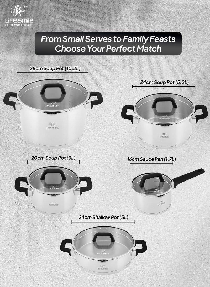 Life Smile Premium 18/10 Stainless Steel Cookware Set - Steel Pots and Pans Set Induction Kitchen Cooking Set Includes Casseroles 20/24/28cm ,Shallow Pot 24cm and Sauce Pan 16cm - Image 3