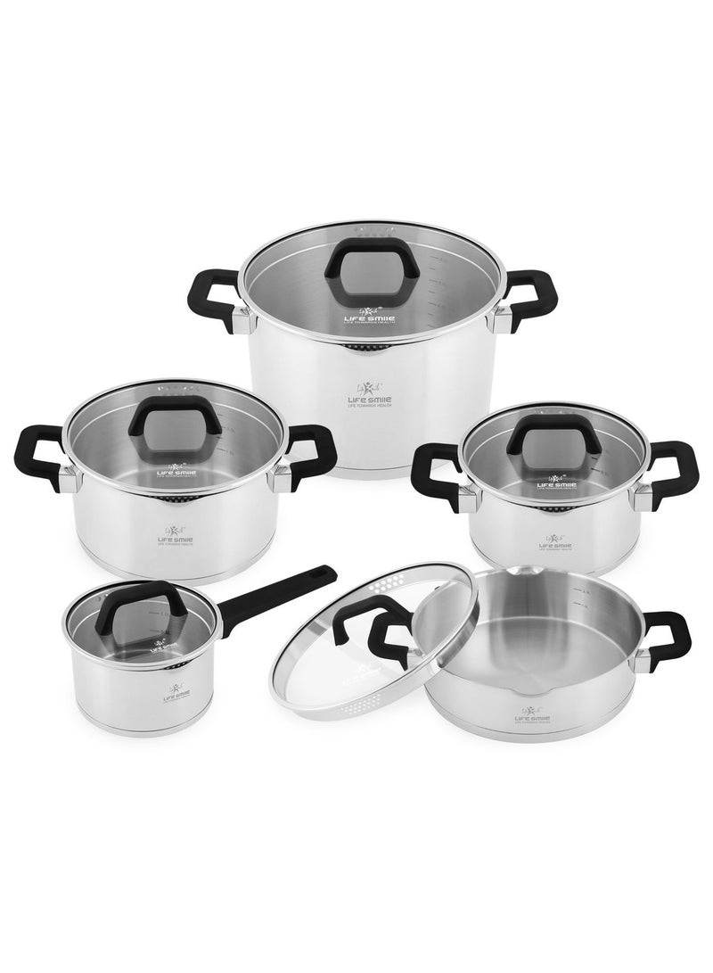 Life Smile Premium 18/10 Stainless Steel Cookware Set - Steel Pots and Pans Set Induction Kitchen Cooking Set Includes Casseroles 20/24/28cm ,Shallow Pot 24cm and Sauce Pan 16cm - Image 1