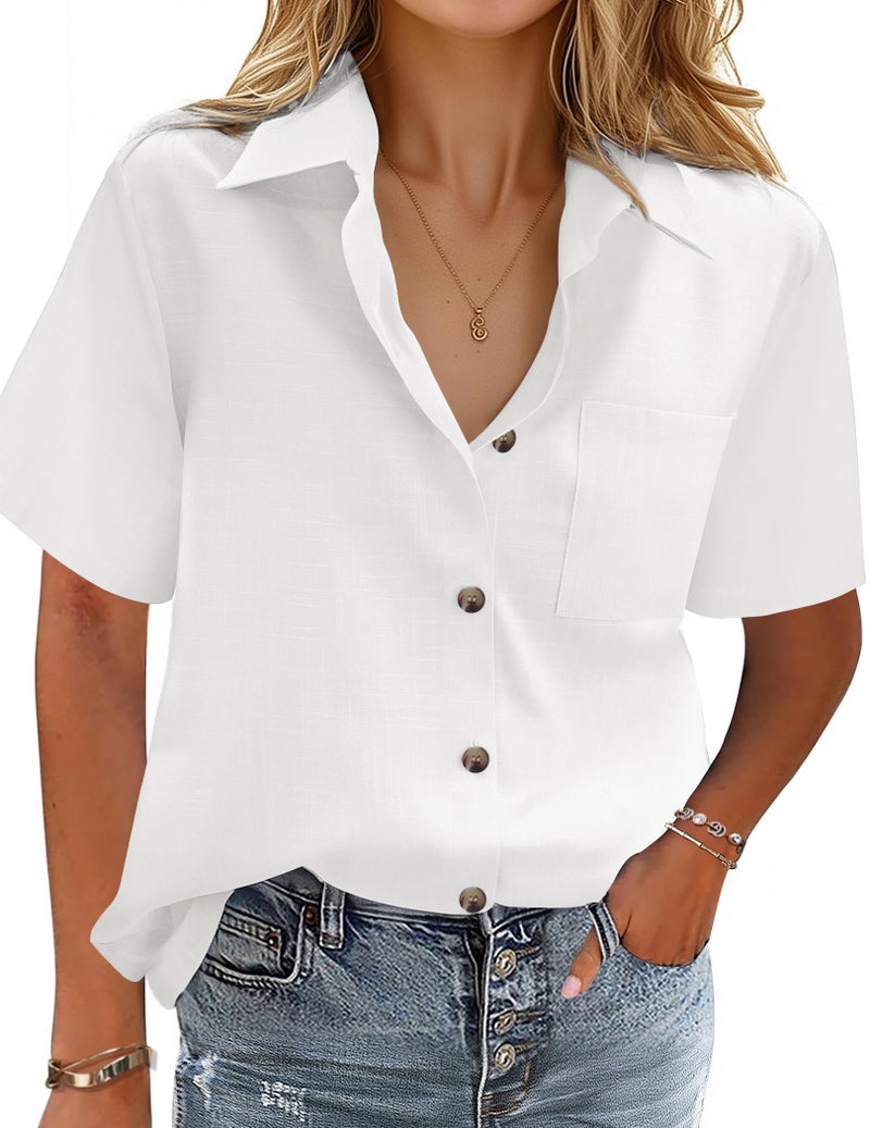 HOTOUCH Linen Shirts for Women Cotton Button Down Shirt Short Sleeve Loose Fit Collared Casual Work Blouse Tops - Image 1
