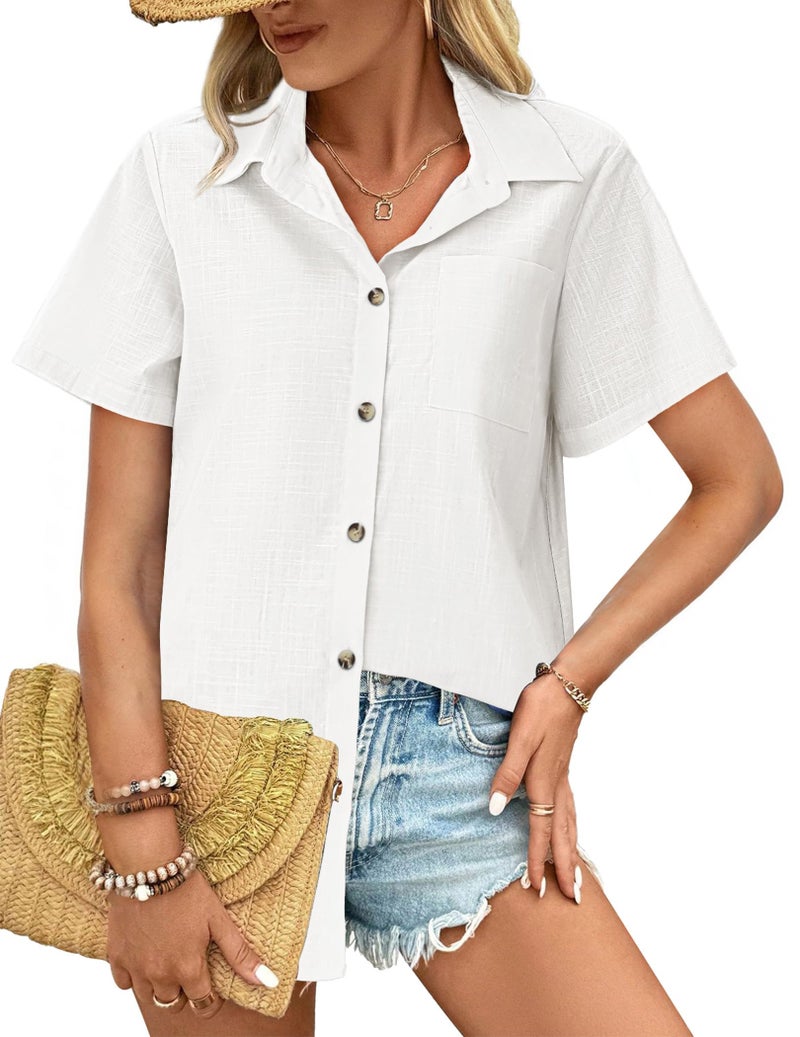 HOTOUCH Linen Shirts for Women Cotton Button Down Shirt Short Sleeve Loose Fit Collared Casual Work Blouse Tops - Image 2