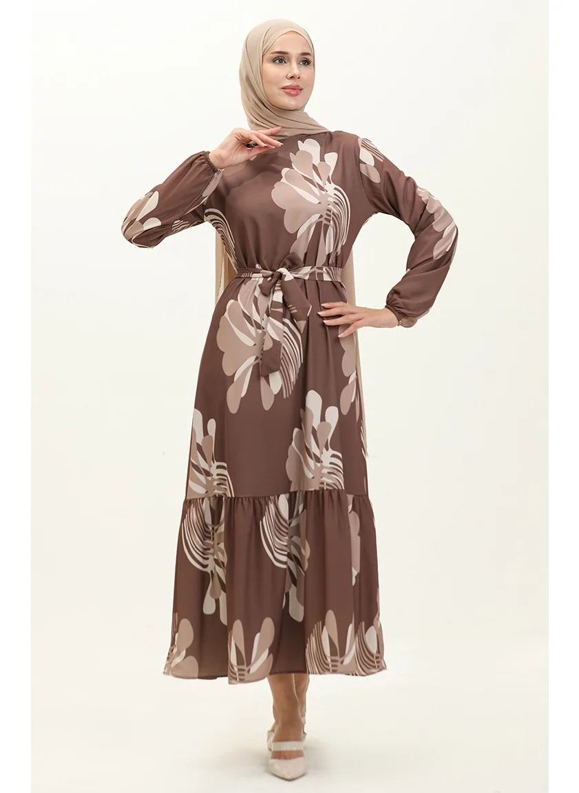 Sefa Merve Digital Printed Pleated Dress 1114-03 Brown Mink