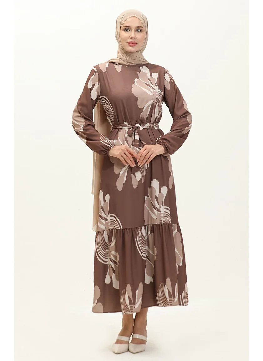 Sefa Merve Digital Printed Pleated Dress 1114-03 Brown Mink