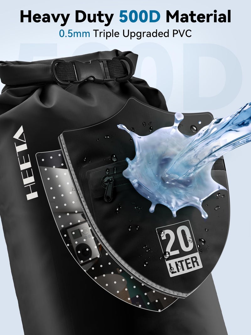 Heeta حقيبة جافة مقاومة للماء HEETA مع جيب بسحاب أمامي للنساء والرجال، 5L/10L/20L/30L/40L حقيبة تخزين جافة خفيفة الوزن بفتحة لفة للسفر، التجديف، القوارب، التجديف بالزورق، التخييم، الشاطئ (أسود، 5L) - Image 4