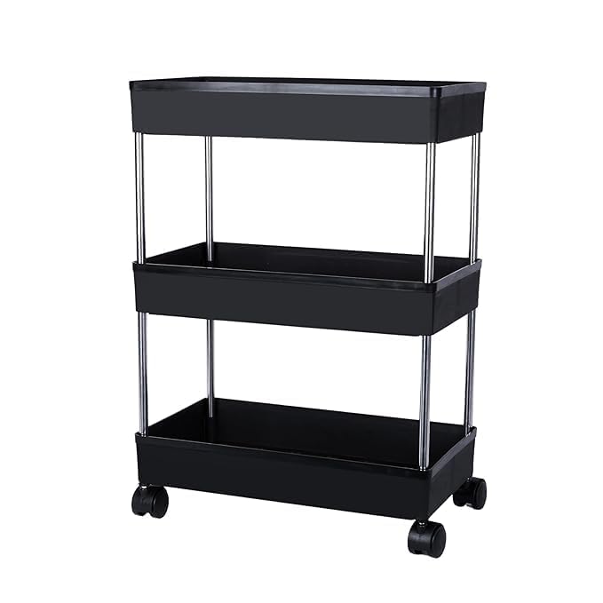 Caltero Plastic Kitchen Storage Trolley Rack Rolling Utility Cart Slide Out Storage Shelves Space Saving Home Storage Organizer Racks with Wheels Black 3 Layer2024 - Image 1