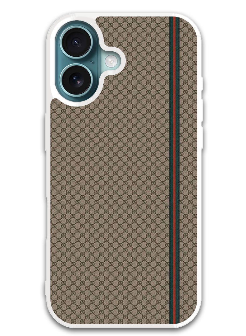 Theodor Protective Case Cover For APPLE IPHONE 16 Plus Red Green Strip On Brown Pattern (White Bumper) - Image 1