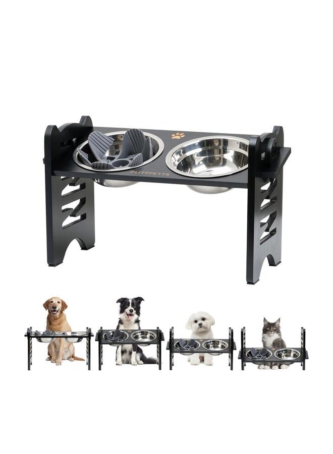 PLITTPETTS Elevated Dog Bowls, 9 Height Adjustable Raised Stand with Stainless 2 Steel Food Bowls and Slow Feeder Bowl for Small, Medium Dogs and Cats, Bamboo Pet Food Dishes with Non-Slip Feet - Image 1