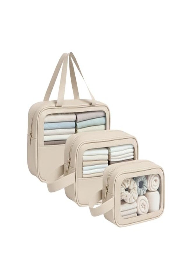 XOIPED Premium Transparent Travel Organizer Bag Pack of 3 | Large Capacity Multipurpose Storage Pouch for Clothes, Toiletries & Cosmetics (Beige) - Image 1