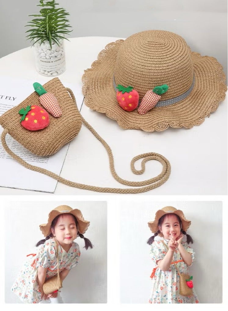 2-Piece Summer Children'S Sunshade Hat Beach Sunscreen Straw Hat Straw Woven Fisherman'S Hat Purse Set Travel Holiday Lovely Hat Satchel - Image 1