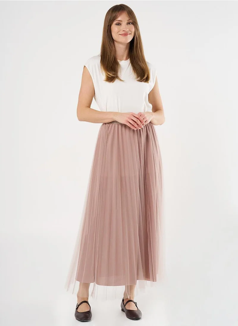 Kayra Pleated Tulle Skirt Beige