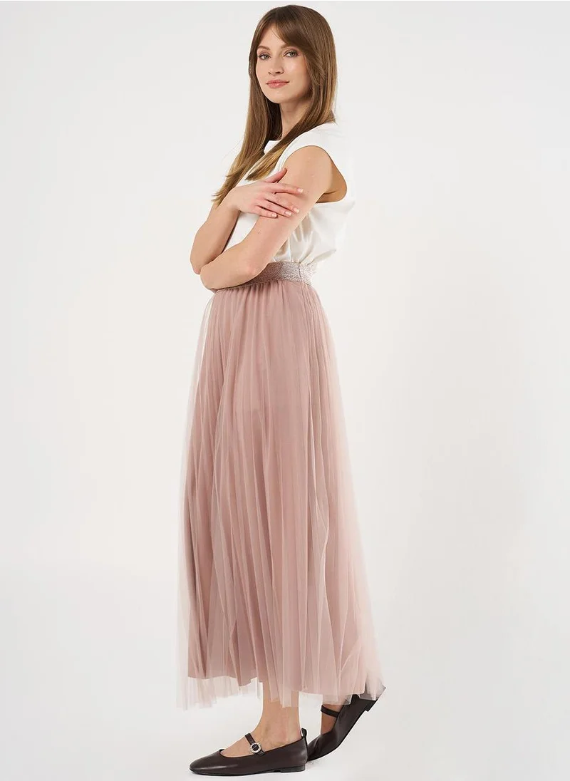Kayra Pleated Tulle Skirt Beige