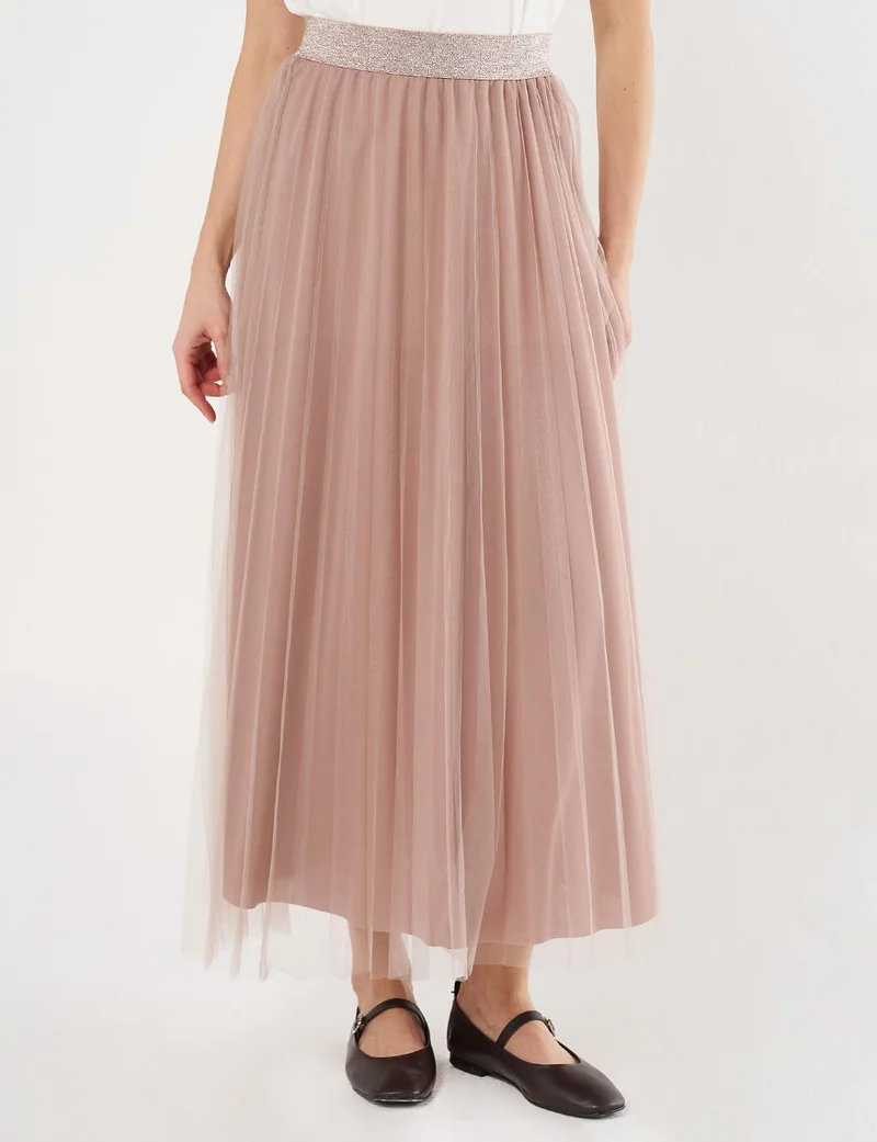 Kayra Pleated Tulle Skirt Beige