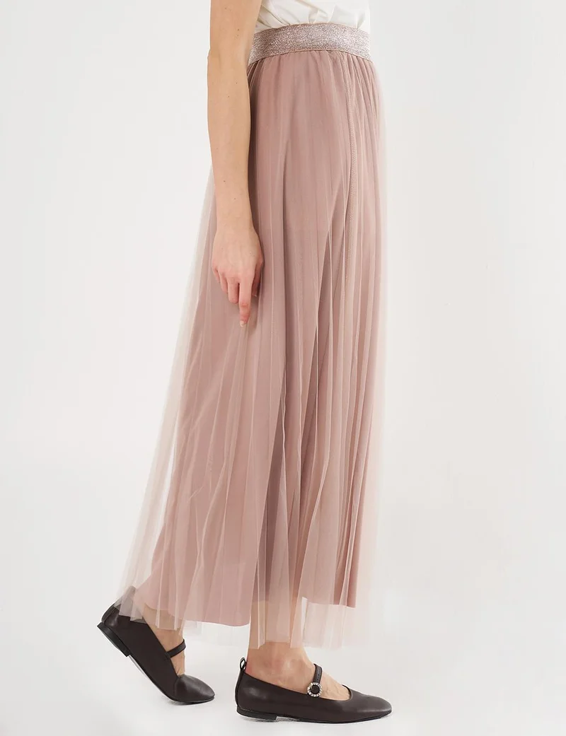 Kayra Pleated Tulle Skirt Beige