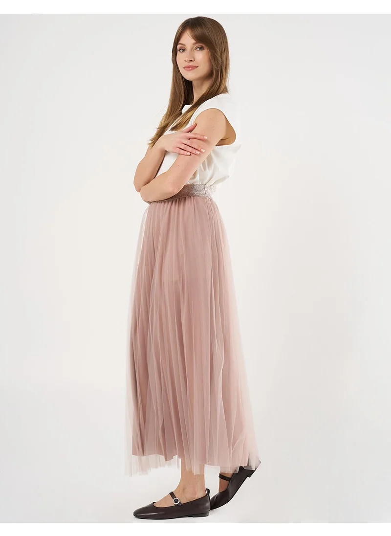 Kayra Pleated Tulle Skirt Beige