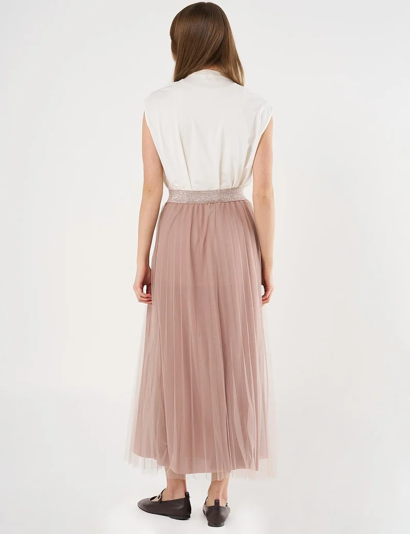Kayra Pleated Tulle Skirt Beige