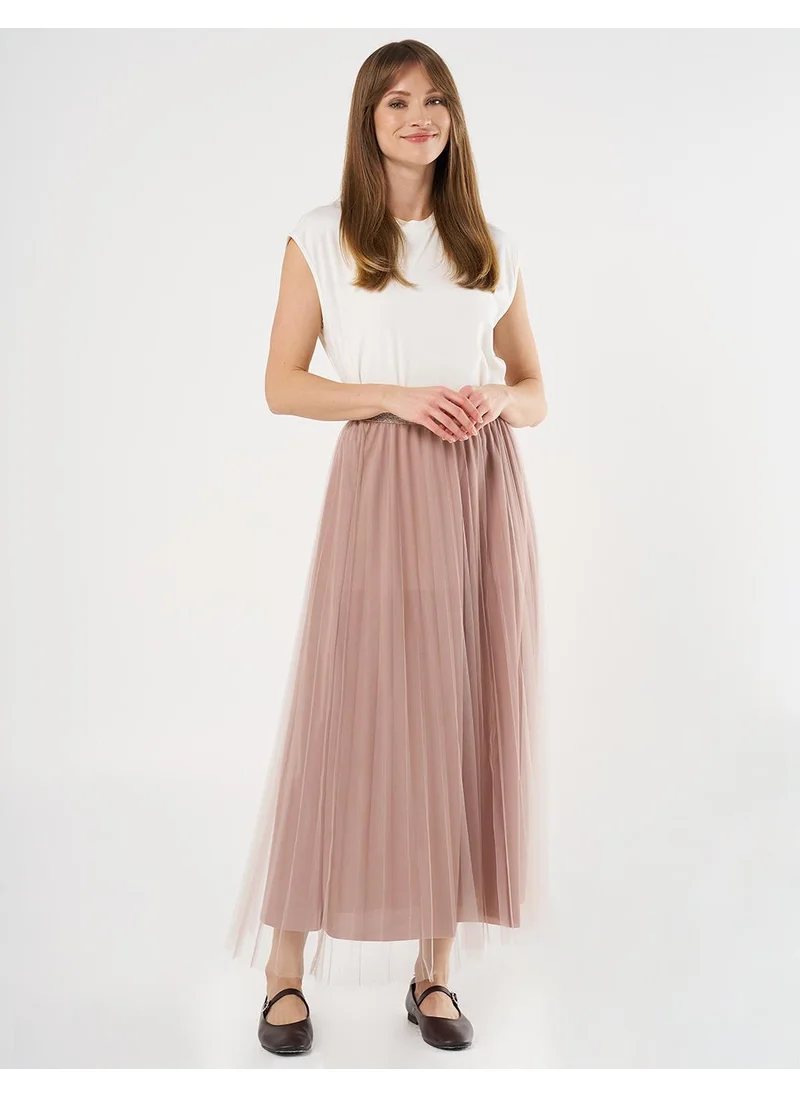 Kayra Pleated Tulle Skirt Beige