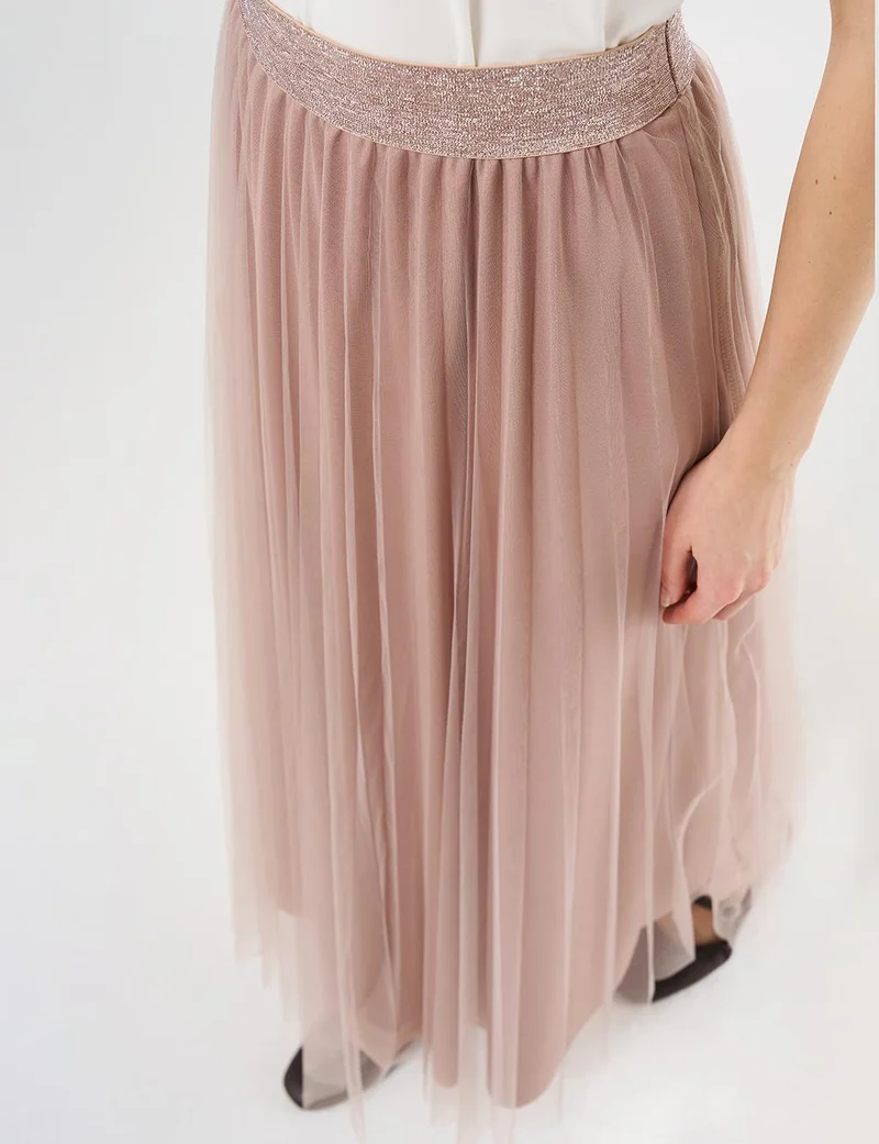Kayra Pleated Tulle Skirt Beige