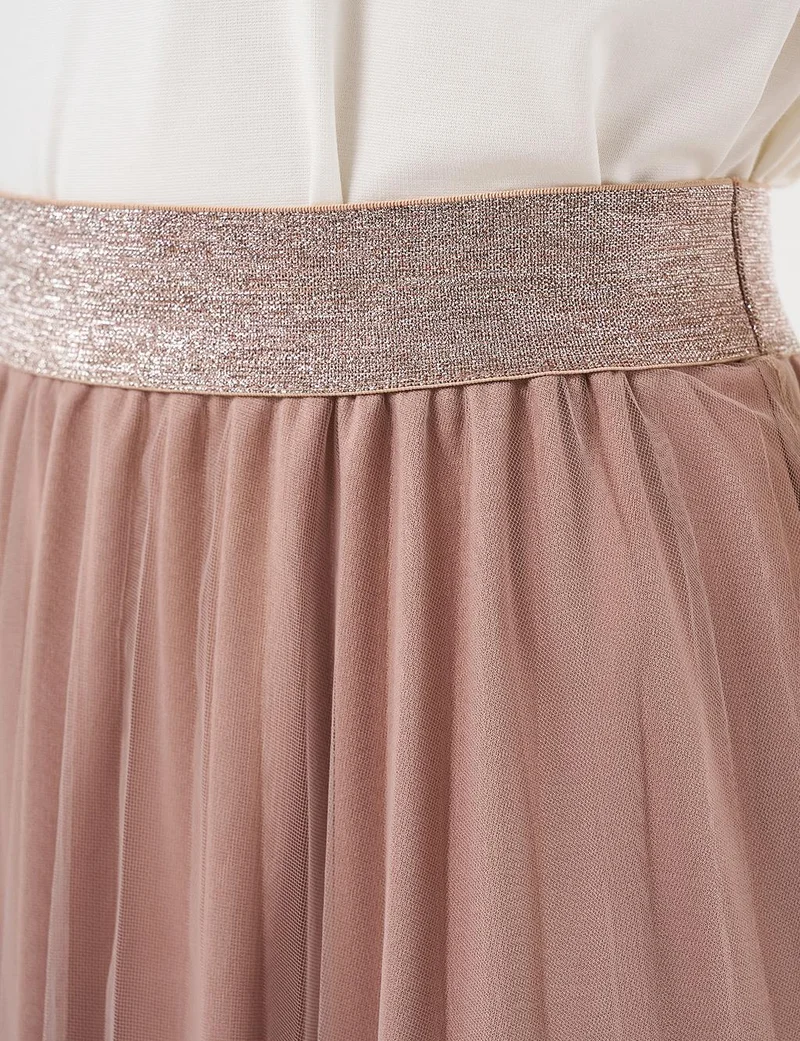 Kayra Pleated Tulle Skirt Beige