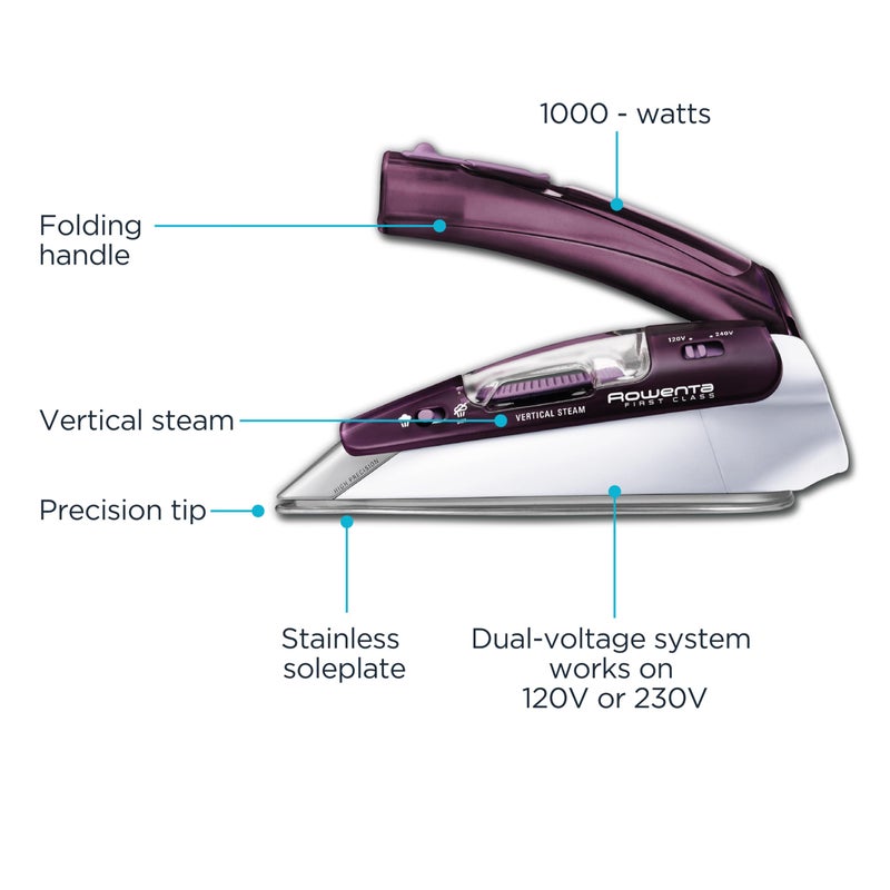 Rowenta Travel Iron, Pro Compact Stainless Steel Soleplate Hand Held Steamer Iron for Clothes, 200 Microsteam Holes, 1000 Watts Ironing, Fabric Steamer, Dual Voltage, Mini Iron, Purple, DA1560 - Image 2