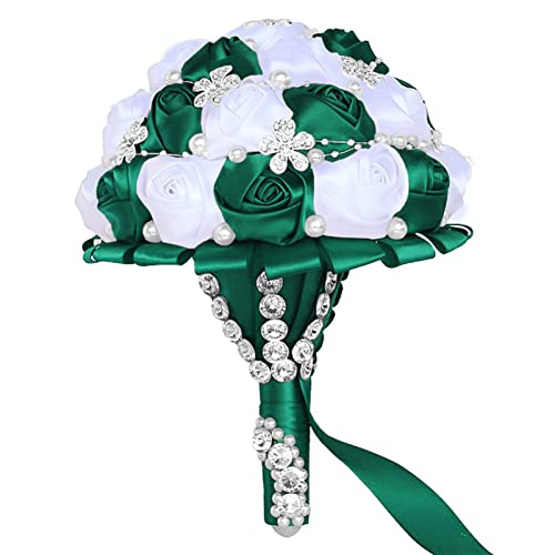 XINNI XINNI Emerald Green Wedding Bridal Toss Bouquet for Bride Bridesmaid Satin Rose Flower Wedding Bouquet with Rhinestones and Pearls Dark Green and White 