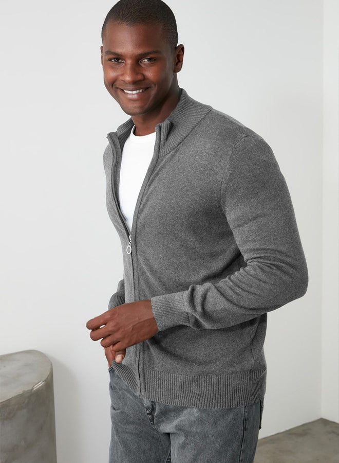 trendyol Gray Slim Fit Half Turtleneck Plain Knitwear Cardigan - Image 1