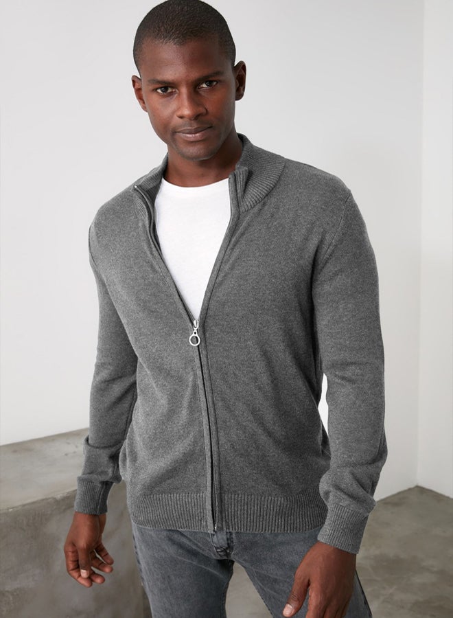 trendyol Gray Slim Fit Half Turtleneck Plain Knitwear Cardigan - Image 3