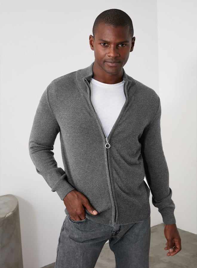 trendyol Gray Slim Fit Half Turtleneck Plain Knitwear Cardigan - Image 2