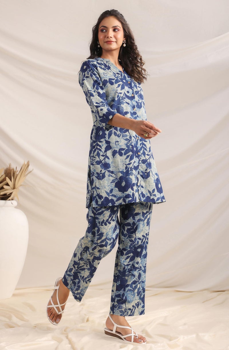 Janasya Women's Plus Size IndigoBlue Pure Cotton Floral A-line Co-ord Set (XLA24CD00284-J1-3XL) - Image 3