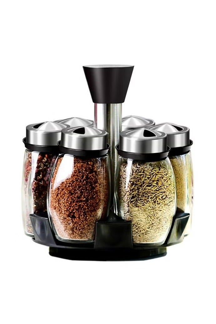 360Rotating Spice Rack Organizer With 6 Glass Jar Bottles Set For Kitchen