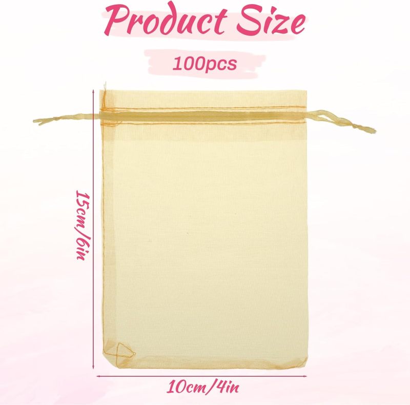 Gold Organza Gift Bags 13 X 18 Cm 100 Pack Reusable Drawstring Closure - Durable Sheer Favor Bags for Weddings Baby Showers Corporate Events - Image 2