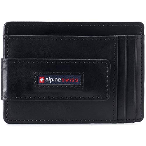Alpine Swiss محفظة ألبيين سويس هاربر للرجال RFID نحيفة لحمل النقود المغناطيسية وحامل بطاقات الهوية جلد لامع نابا أسود - Image 1
