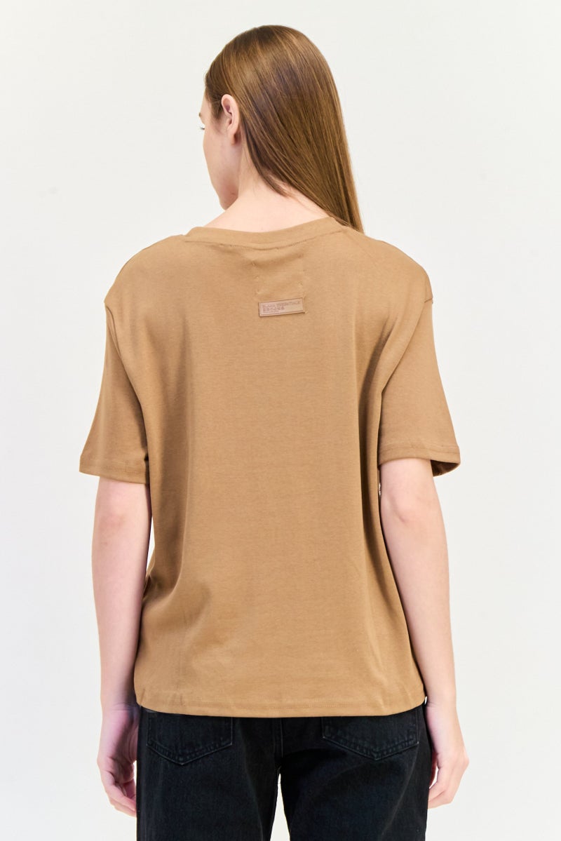 Blank Essentials Women Round Neck Short Sleeve Brand Logo T-Shirt, Brown - Image 3