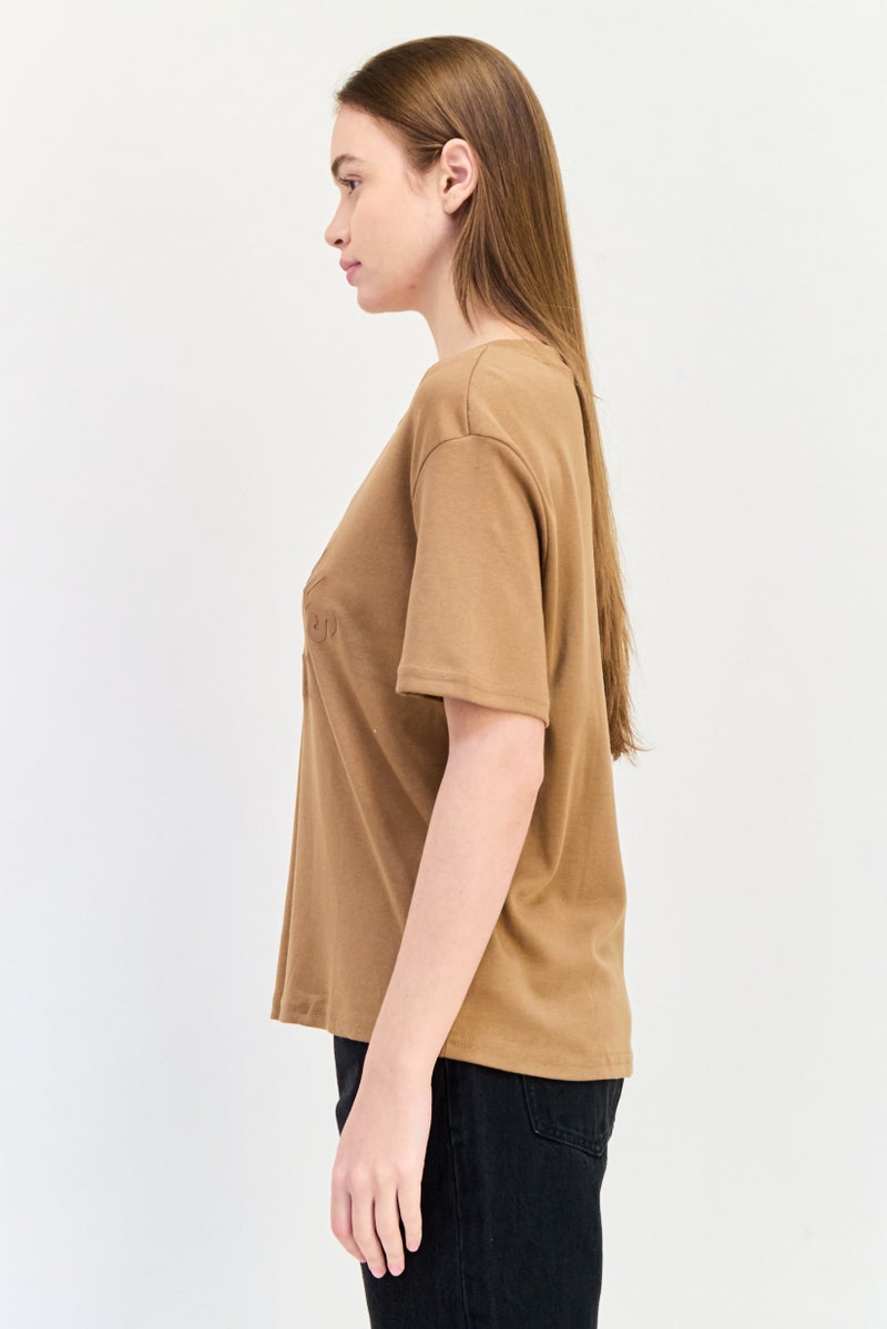 Blank Essentials Women Round Neck Short Sleeve Brand Logo T-Shirt, Brown - Image 2