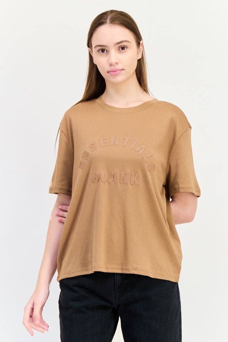 Blank Essentials Women Round Neck Short Sleeve Brand Logo T-Shirt, Brown - Image 1