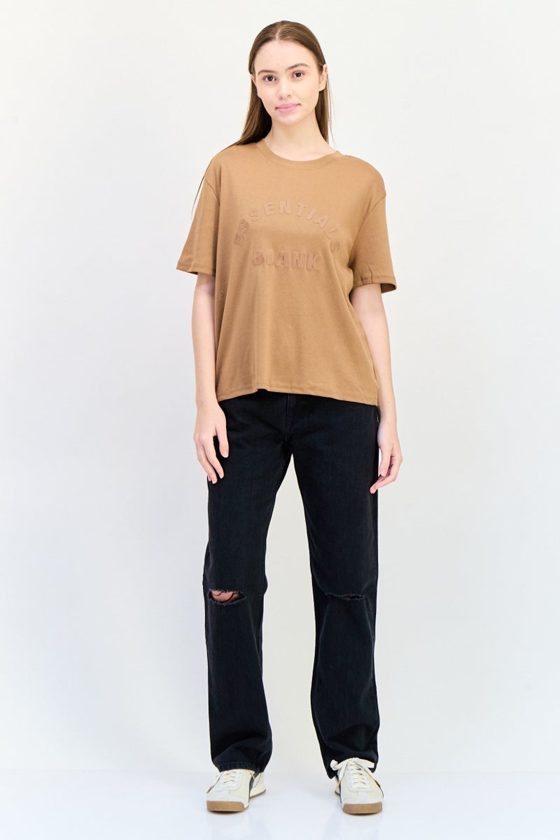 Blank Essentials Women Round Neck Short Sleeve Brand Logo T-Shirt, Brown - Image 2