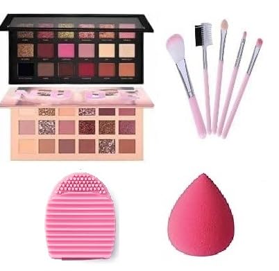 SKINPLUS Combo of Rose Gold Eyeshadow Palette With Nude 18 Color 5 Pc Makeup Brush And Puff with Cleaner - Image 1