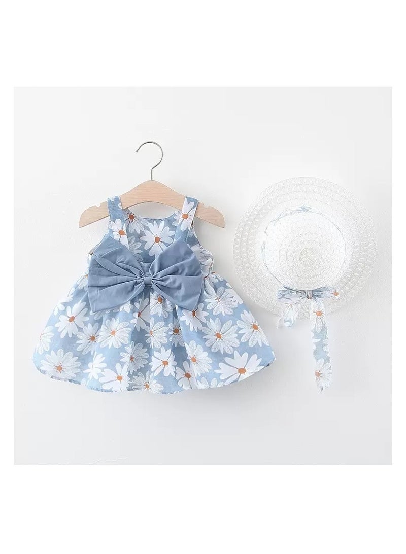 Baby Frock Girl Floral Dress with Hat Sleeveless Bow Outfit Newborn Frock
