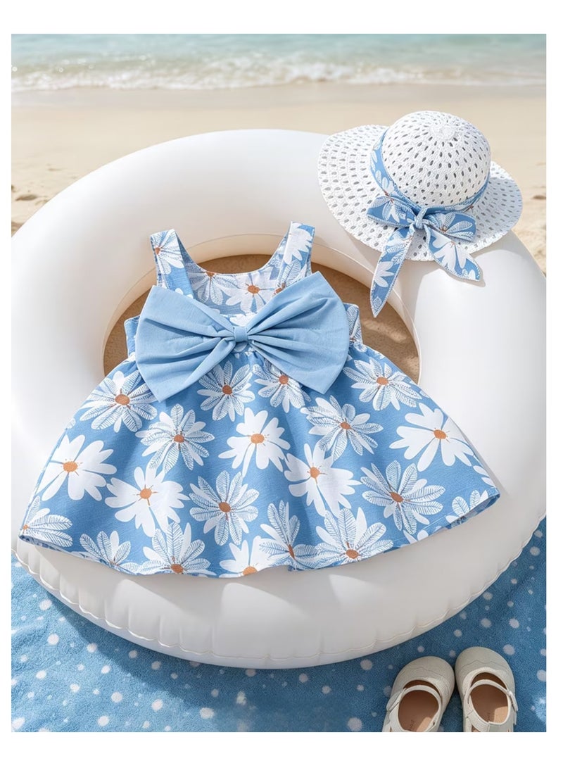 Baby Frock Girl Floral Dress with Hat Sleeveless Bow Outfit Newborn Frock - Image 2