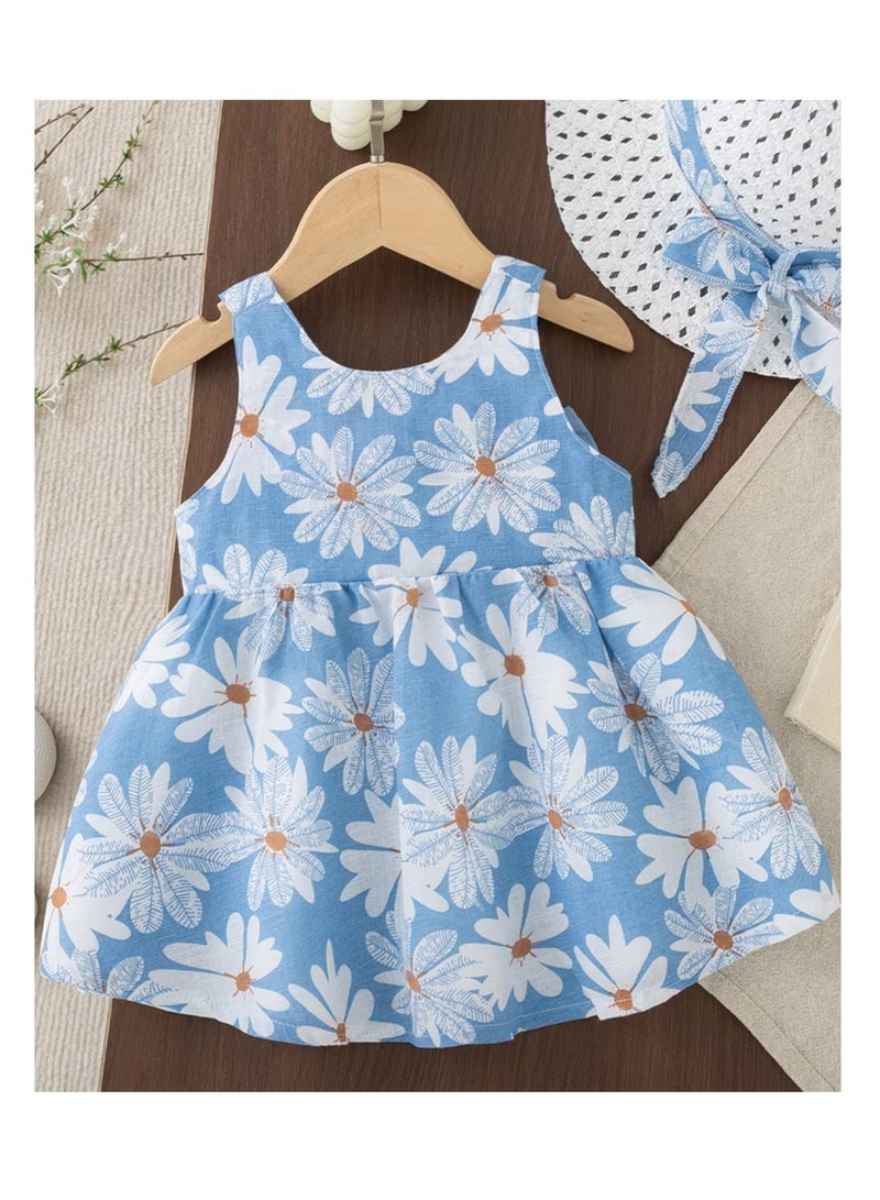 Baby Frock Girl Floral Dress with Hat Sleeveless Bow Outfit Newborn Frock - Image 4