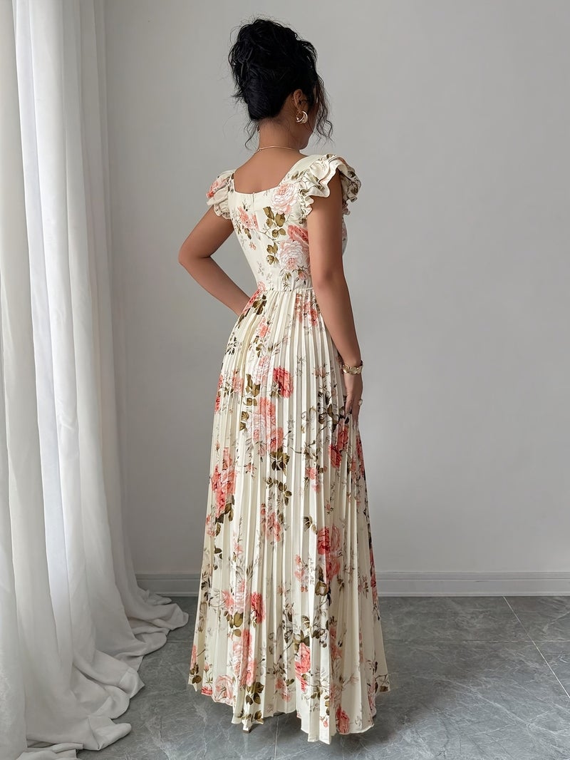 Women'S Elegant Floral Print Pleated Hem Long Dress, Summer - Image 3