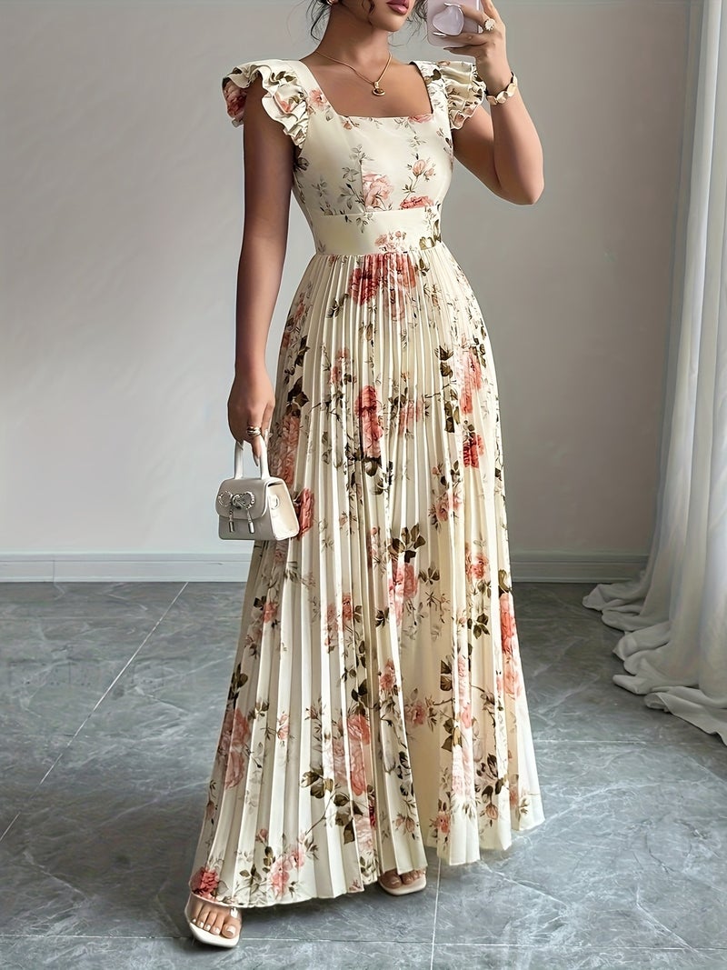 Women'S Elegant Floral Print Pleated Hem Long Dress, Summer - Image 5