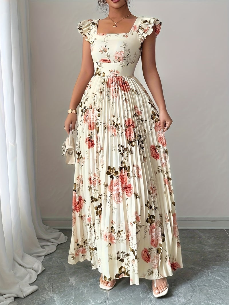Women'S Elegant Floral Print Pleated Hem Long Dress, Summer - Image 4