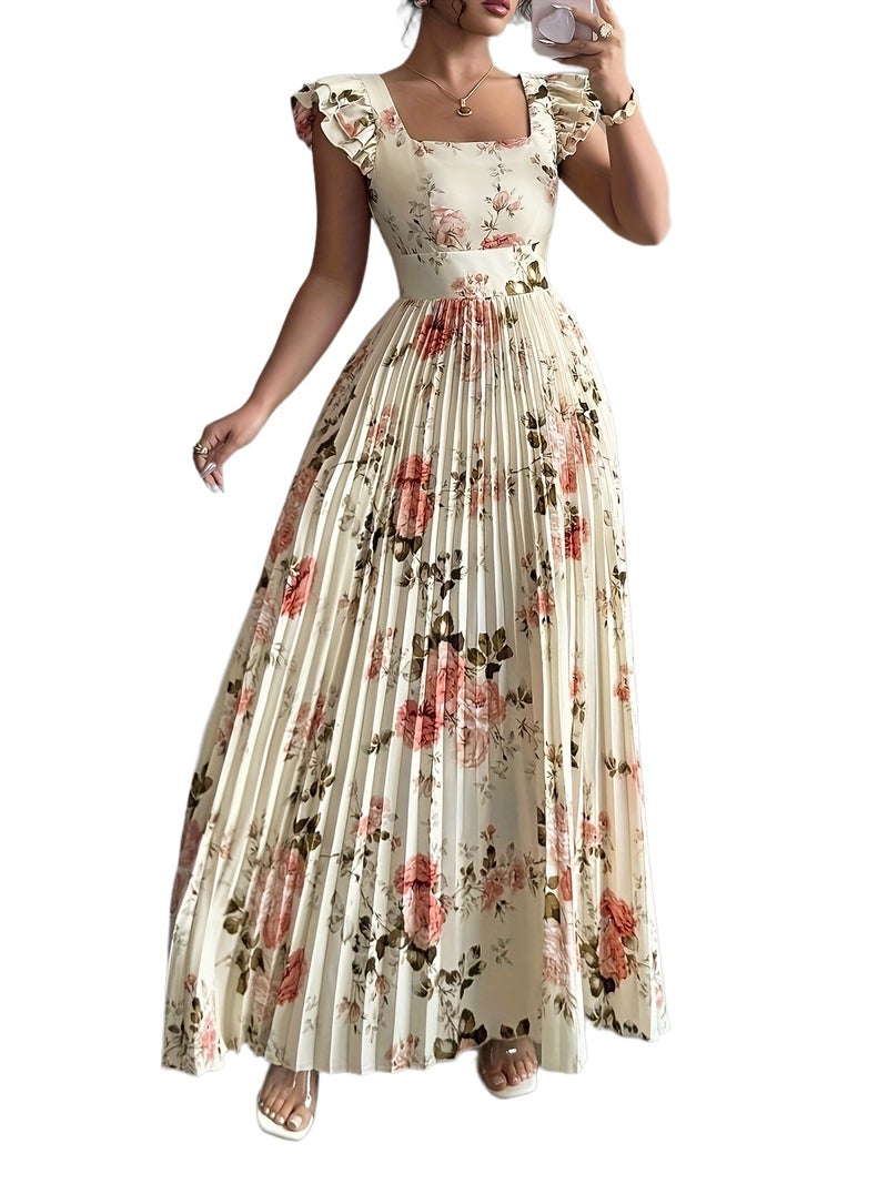Women'S Elegant Floral Print Pleated Hem Long Dress, Summer - Image 1