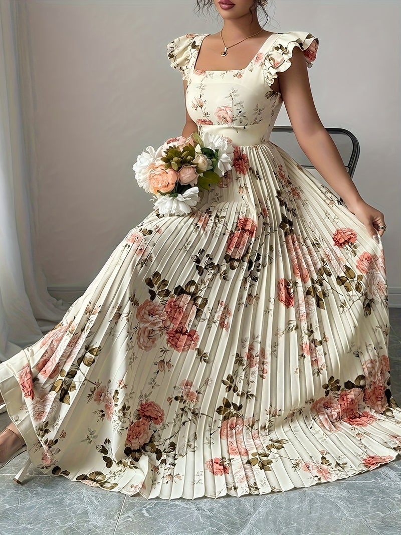Women'S Elegant Floral Print Pleated Hem Long Dress, Summer - Image 2
