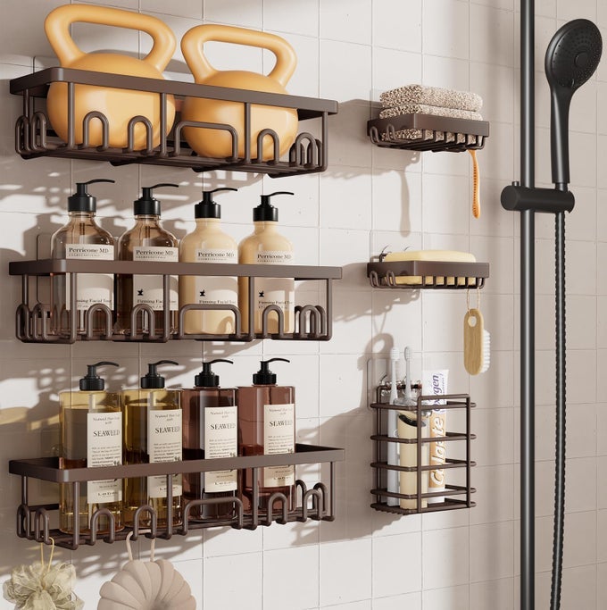 SHOWER CADDY 6PACK NO DRILLING RUSTPROOF WATERPROOF ADHESIVE SHELVES RACK WITH SOAP HOLDER LARGE CAPACITY BATHROOM ORGANIZERS AND STORAGE WALLMOUNTED KITCHEN HOME DECOR