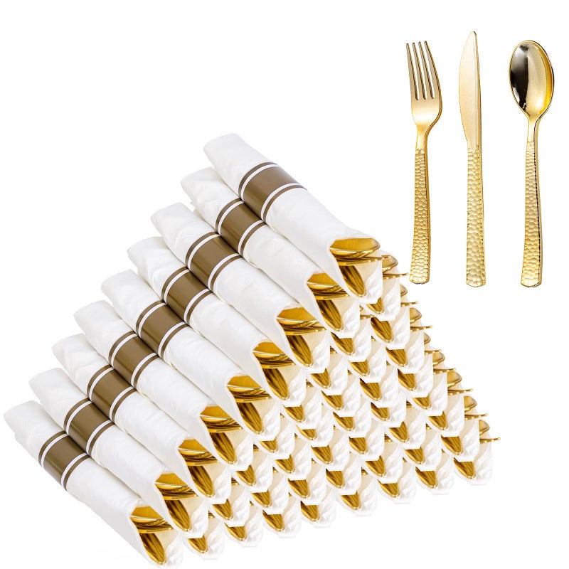 WELLIFE 50 Pack Gold Plastic Silverware with Pre Rolled NapkinsDisposable Silverware Includes 50 Forks 50 Knives 50 Spoons 50 NapkinsPlastic Cutlery
