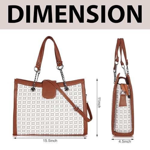 DANIEL CLARK Designer Handbag with Pattern Print, Brown Leather Trim, Chain Straps, Convertible Tote Shoulder Bag (White) - Image 5